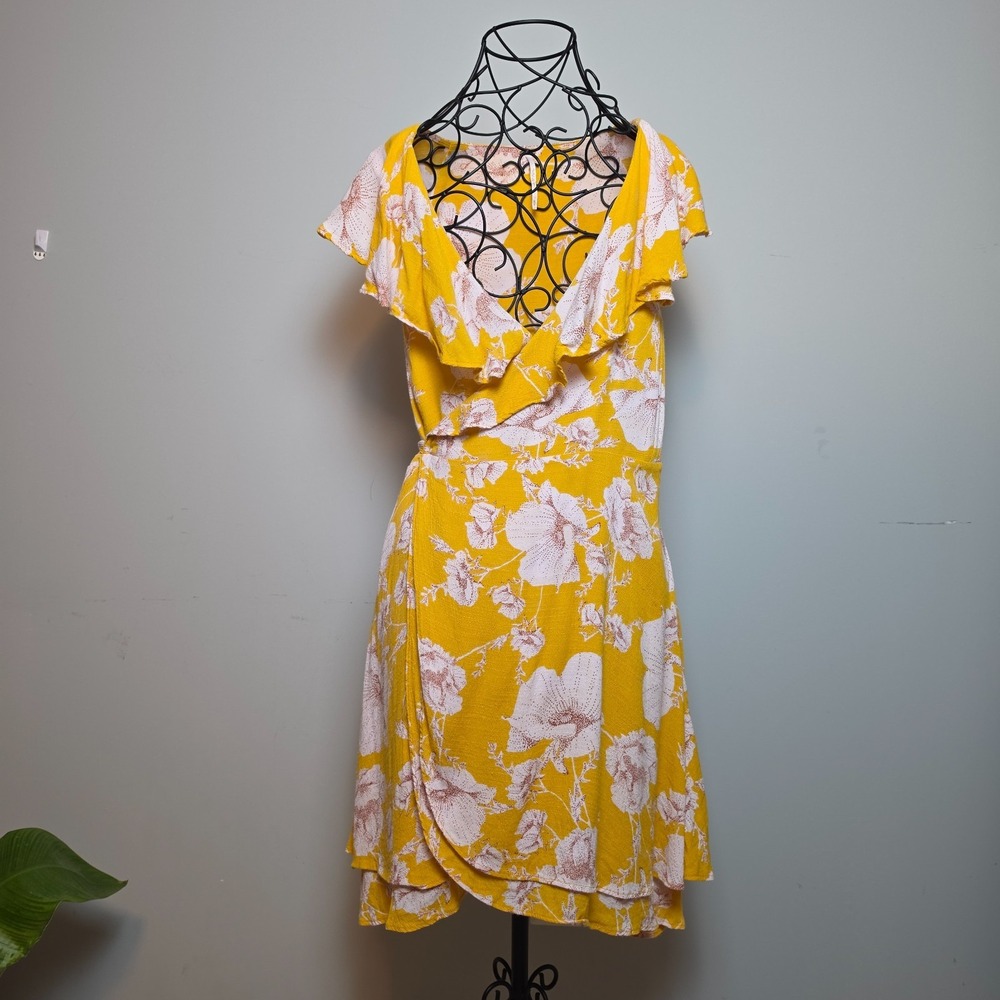 Free People Floral Ruffle Wrap Mini Dress Mustard Yellow White Size M
